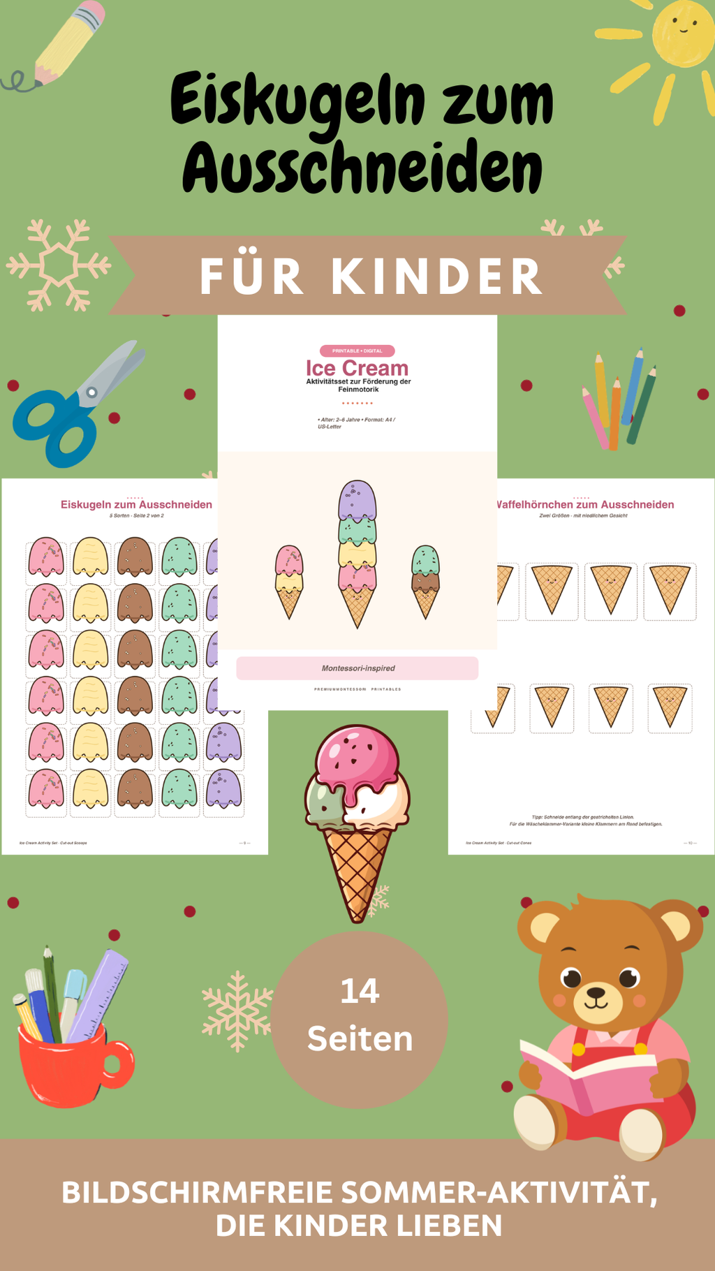 Eiskugeln zum Ausschneiden | Sommer Bastelspaß für Kinder | Sofort-PDF